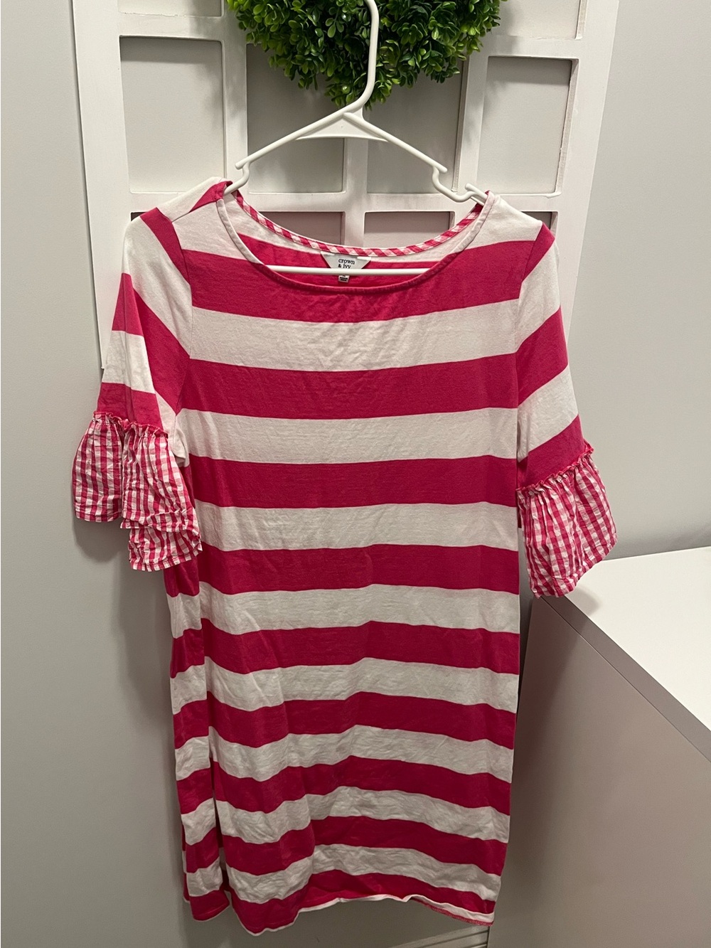 crown & ivy Pink Striped Dress with Gingham Trim